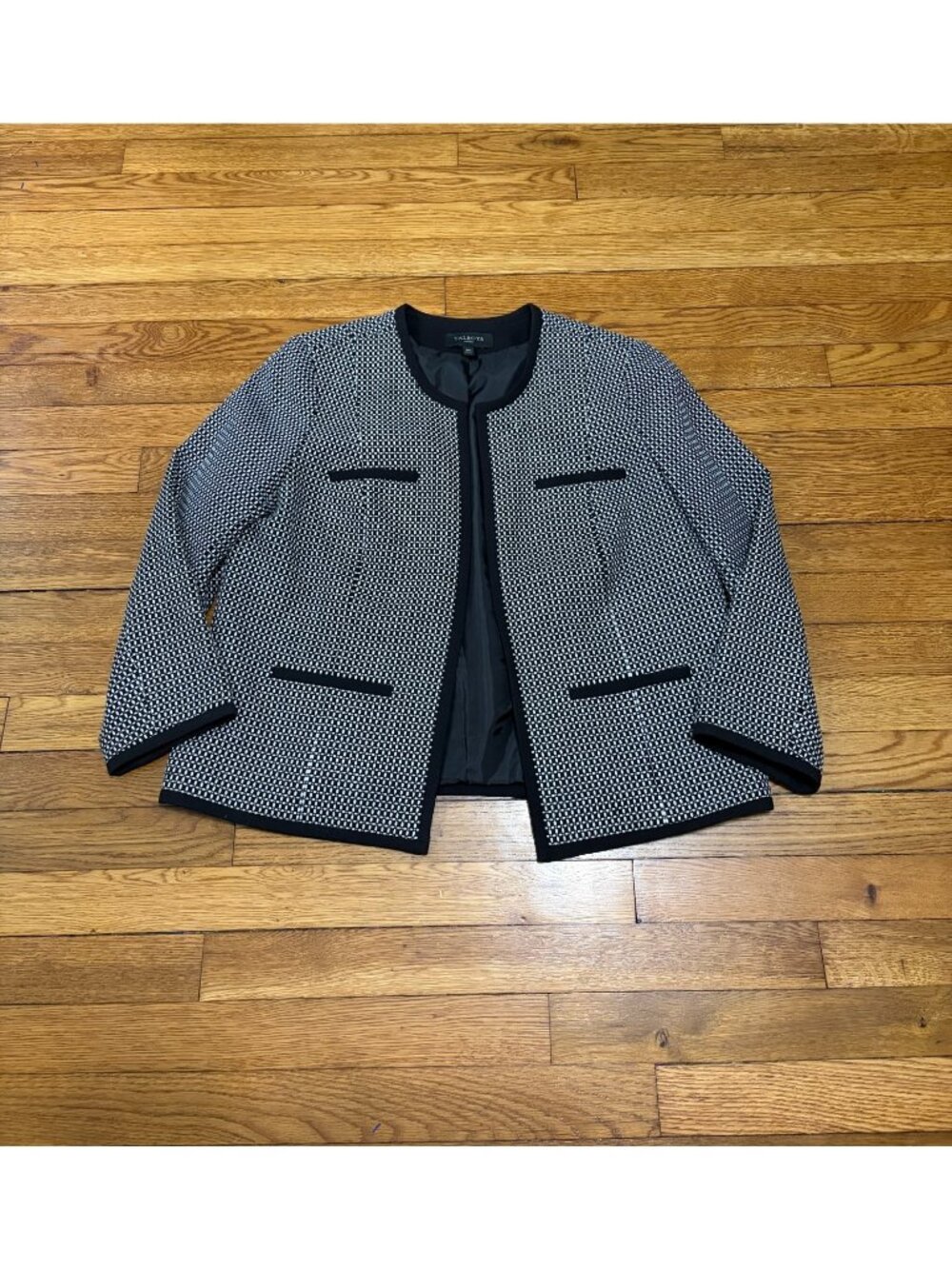 Talbots Womens Open Front Blazer Jacket Sz 14 Petite 14p Black Whtie Patterned